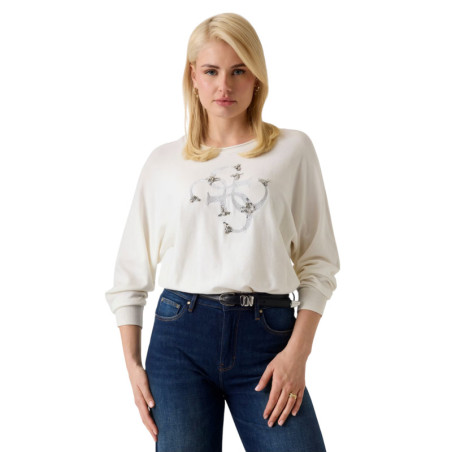 Pull Femme Blanc Guess Manches Longues | Sports-Loisirs
